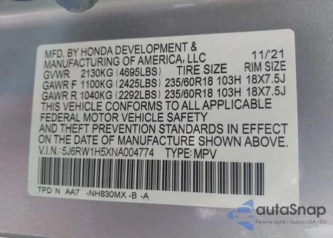 2022 Honda Cr-V 2Wd Ex from USA, damaged, VIN 5J6RW1H5XNA004774
